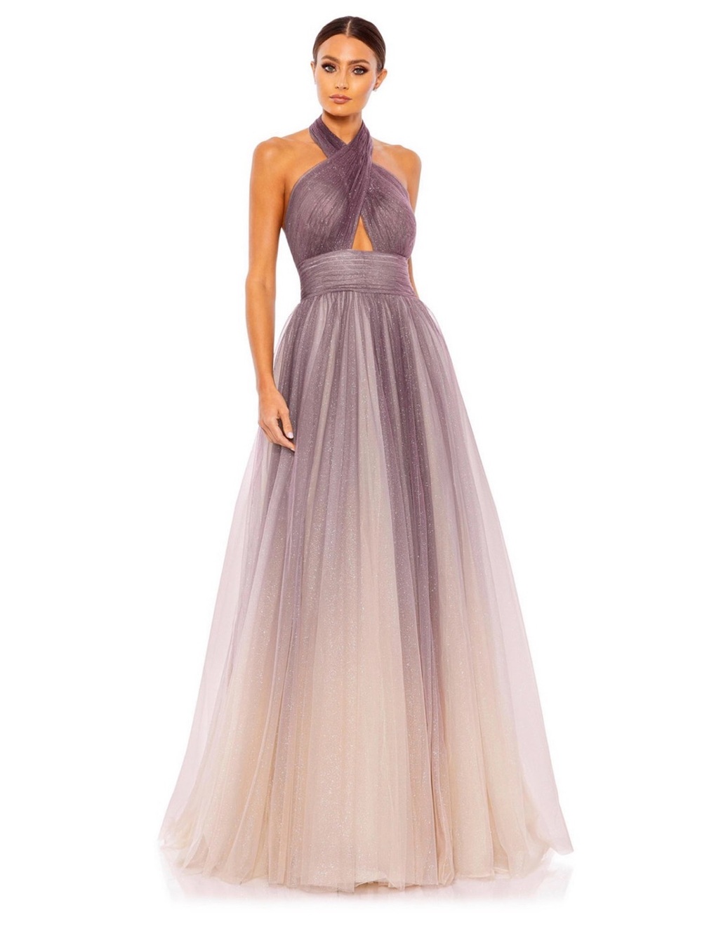 Mac Duggal Lavender to Champagne Ombre Halter Evening Gown